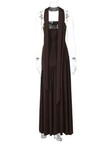 Women's Elegant Fashion Party Dress, Fitted Plain, Open Back, Floating Ribbon, European Style, New - Kopi - View 6