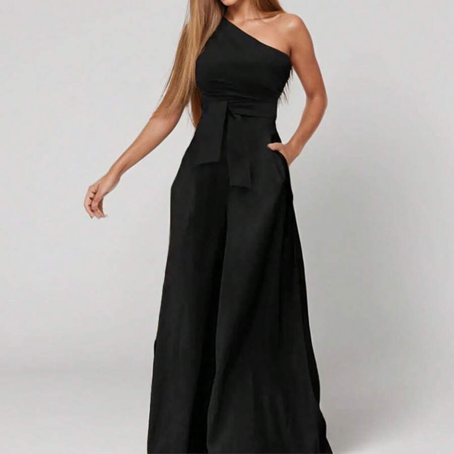Mono de moda, nueva colección de primavera para mujer, estampado, hombros al descubierto y cintura alta, estilo elegante y actual - Negro - Ver 1