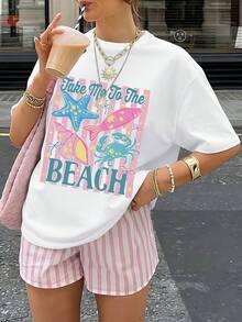 Camiseta Casual de Cuello Redondo para Mujer, 100% Algodón, 180g, Estampado Oceánico "Llévame a la Playa", Estilo Y2K - Blanco - Ver 1
