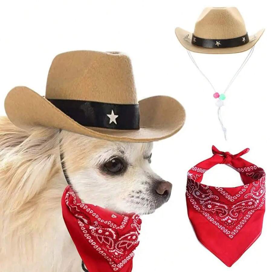 Disfraz de vaquero para mascotas, sombrero y Bandana, divertido perro, gato, sombreros de vaquero del oeste, gafas para mascotas, Halloween, fiesta de cumpleaños, Cosplay, accesorios para mascotas - Conjunto rosa - Ver 1