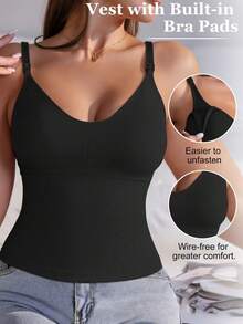 1-Piece Maternity Base Layer Top, Black Seamless Nursing Vest With Breast Pads, Beautiful Back, Long Solid Color, Comfortable Underwear Vest For Women - Black - View 3