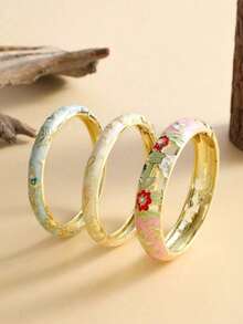3/2pcs 1 Set Fashion Vintage Style Floral Pattern Enamel Gold Bracelet, Suitable For Women's Daily Wear - Multicolor - View 15