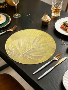 4/120pcs Gold Round Leaf PVC Placemats, Waterproof Oil-Resistant Decorative Mats, Washable Table Mats, Non-Slip Odorless Western Dining Mats, Suitable For Restaurants, Cafes, Homestays, Fits Holidays, Parties, Gatherings, Birthdays, Weddings, Dinner Parties. - Multicolor - View 2