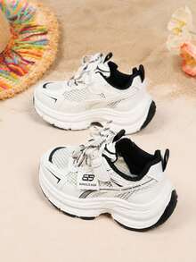 1 Pair White Mesh Breathable Chunky Sneakers For Young Students, Black Patchwork Fabric, Thick Sole Height Increasing Casual Sports Shoes, Non-Slip Lace-Up & Hook-And-Loop Closure, Suitable For Daily Casual, Outdoor Training, Travel, Vacation, Home, Party, New Arrival For Summer And Autumn - Black and White - View 7