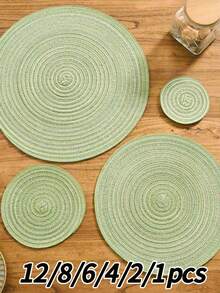 12/8/6/4/2/1 Stück Boho-Stil gewebte Tischsets, Küchendekoration, runde einfarbige Tischmatten, Schüssel-/Teller-/Tassen-Untersetzer, geeignet für Feiertagspartys, Geburtstagspartys, Vintage-Landhausstil, Outdoor-Esstisch-Dekoration, Heimdekoration, ganzjährig verwendbar - Grün - Übersicht 1