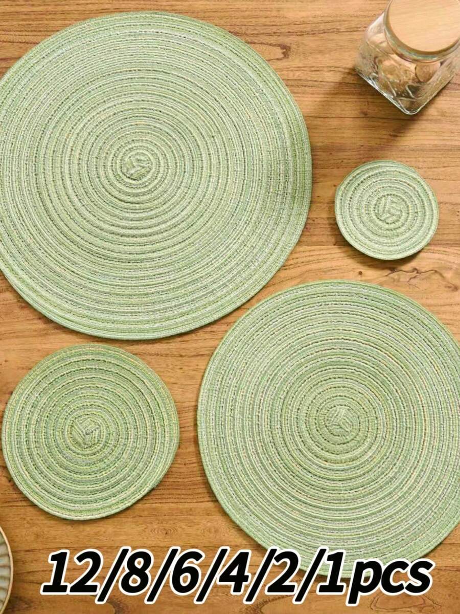 12/8/6/4/2/1 Stück Boho-Stil gewebte Tischsets, Küchendekoration, runde einfarbige Tischmatten, Schüssel-/Teller-/Tassen-Untersetzer, geeignet für Feiertagspartys, Geburtstagspartys, Vintage-Landhausstil, Outdoor-Esstisch-Dekoration, Heimdekoration, ganzjährig verwendbar - Grün - Übersicht 1