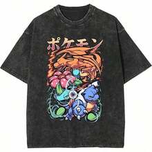 Camisetas Gráficas de Manga Corta Estilo Vintage Lavado con Temática de Kanto Starters - Negro - Ver 1