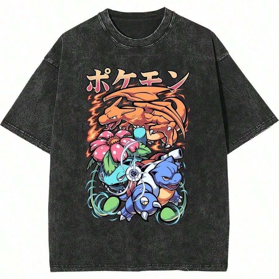 Camisetas Gráficas de Manga Corta Estilo Vintage Lavado con Temática de Kanto Starters - Negro - Ver 1
