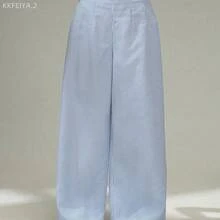 Soqi Women's Clothing PETITE Pantalones rectos de talle alto de rayas azules y blancas, elegantes, casuales, sencillos, para ir a la oficina, uso diario y vacaciones - Azul - Ver 2