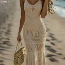xuehuamaoyi02  Holidaya Nuevos vestidos de verano para mujer, vestido maxi de punto calado beige - tirantes finos, escote en V, patrón de encaje en capas, cintura ajustada, - Blanco - Ver 2