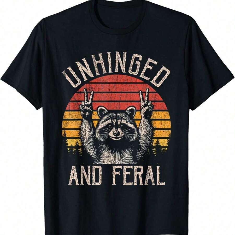 Unhinged And Raccoon Vintage Raccoon Women's T-Shirt, Y2K Style/Crop Top, Round Neck And Loose Fit, For Outings, Camping, Concerts, Hip-Hop, Rock. - 黑色 - 查看 1