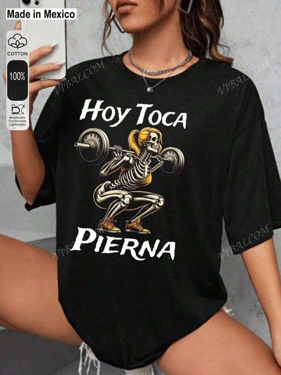 Oversized Blouses For Women, 1pc, Women's Shirt, T-Shirt, Skulls, Cool Skulls, LEG WORKOUT TODAY, GYM, Women's, Graphic Tees, Vintage Shirts, 180g Cotton (S-3XL) 3Q3D - 黑色 - 查看 1