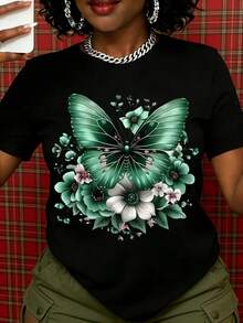 Camiseta Blanca de Mujer con Diseño Floral de Mariposa Verde, Top Casual de Verano, Camiseta con Gráficos Inspirados en la Naturaleza para Uso Diario e Ideas de Regalo - Negro - Ver 1