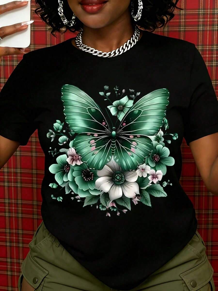 Camiseta Blanca de Mujer con Diseño Floral de Mariposa Verde, Top Casual de Verano, Camiseta con Gráficos Inspirados en la Naturaleza para Uso Diario e Ideas de Regalo - Negro - Ver 1