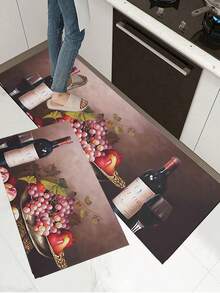 1pc Romantic Wine & Fruit Pattern Rubber Kitchen Mat, Washable, Soft & Non-Slip, Suitable For Bathroom Sink, Laundry Room And Other Areas - Multicolor - View 3