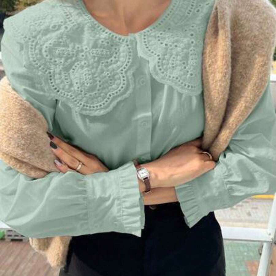 Camisa de manga larga con cuello Peter Pan bordado, de estilo patchwork y calado, para el verano - verde menta - Ver 1