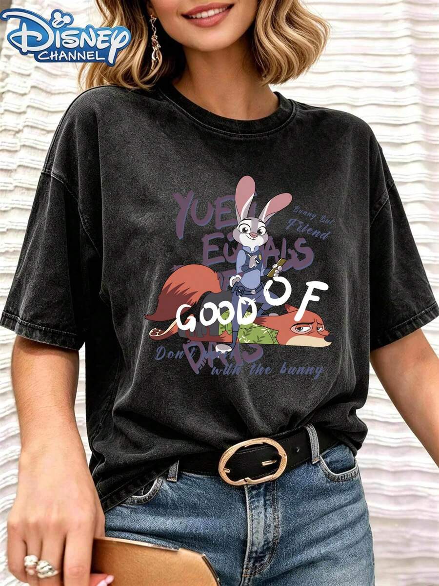 Zootopia Judy And Nick Print Pattern, Movie Character Cartoon Design, Women's Washed Pure Cotton T-Shirt, Suitable For Daily Outings And Gatherings - 黑色 - 查看 1