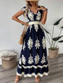Vestido largo estampado verano escote V cintura ajustada moda mujer - Azul Marino - Ver 3