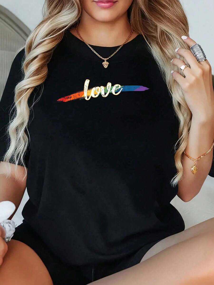 1 Camiseta de Mujer Talla Grande con Rayas de Arcoíris, Estampado Gráfico, Manga Corta, 220g, 100% Poliéster, Estilo Casual, Cuello Redondo - Negro - Ver 1