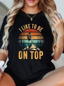 1 Piece Women's Plus Size Graphic Print T-Shirt, Short Sleeve, 220g, Novelty, 100% Polyester, Casual Style With Round Neck, For Hiking, With The Phrase 'I Like Being In - 黑色 - 查看 1