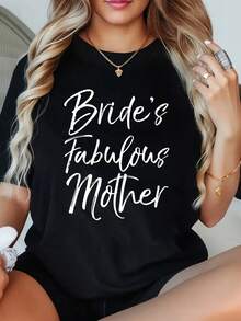 1 Elegant Mother Of The Bride T-Shirt For Fun Parties, Plus Size For Women, 220g Short Sleeve Graphic T-Shirt, Novelty, 100% Polyester, Casual Crew Neck T-Shirt - 黑色 - 查看 1