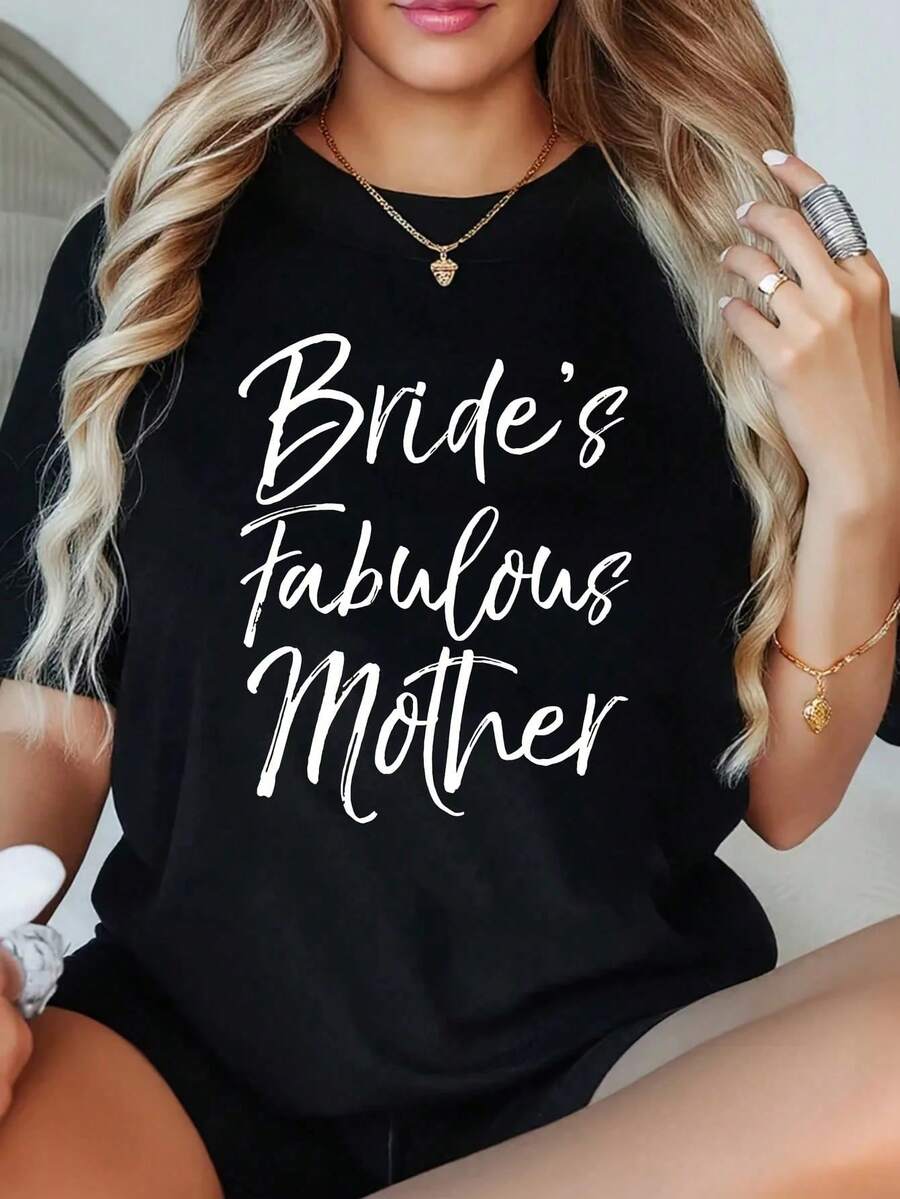 1 Elegant Mother Of The Bride T-Shirt For Fun Parties, Plus Size For Women, 220g Short Sleeve Graphic T-Shirt, Novelty, 100% Polyester, Casual Crew Neck T-Shirt - 黑色 - 查看 1