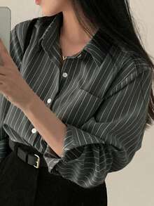 女款修身配色條紋休閒襯衫，新款休閒優雅落肩燕尾版上衣 - 灰色 - 查看 2