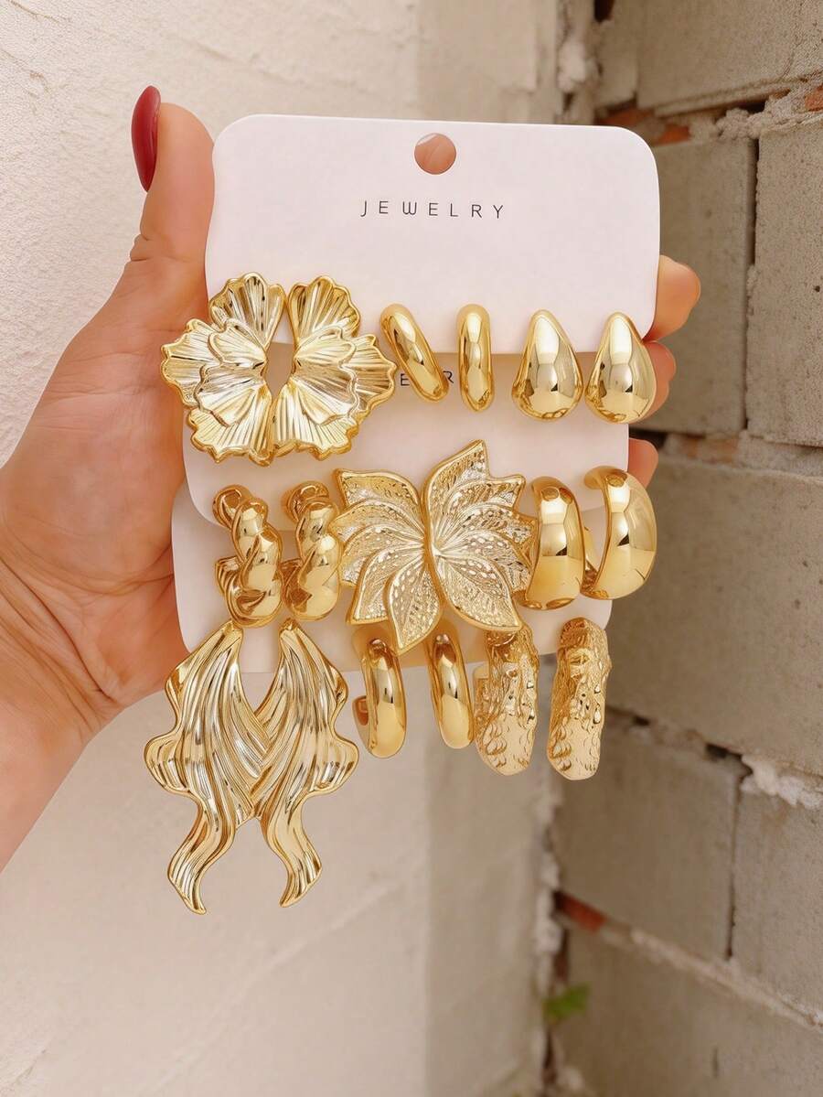 1 Set 9 Pares/3 Pares Pendientes de Textura Asimétrica Dorada & Pendientes de Mariposa Abstracta, Joyería de Estilo Callejero Apilable para Mujeres Y2K - Amarillo Oro - Ver 1