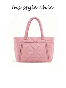 New Fashion Classic Multifunctional Pink Handbag, Solid Color Design, Quilted Decoration, Shoulder Handbag, Double Handles, Fashion Women's Shoulder Bag, Business Commuter Bag, Perfect For Shopping And Party Events - Berwarna merah muda - View 5