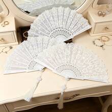 Elegant Foldable White Lace Hand Fan With Silver Floral Ornament, Vintage Decorative Fan, Bride Photography Accessory For Wedding Party Holiday Cosplay - Silver Folding Fan - View 6