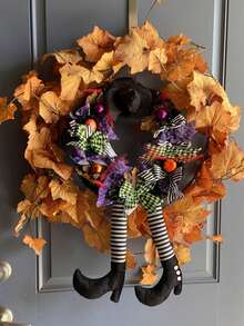 Halloween Hexen-Kranz Dekorationsset mit schwarzen Fledermaus-Wandaufklebern und bohrfreien Haken, geeignet für Haustür, Kamin, Fenster, Wohnzimmerwand, Partyhintergrund, Spukhaus-Dekoration, Süßigkeitentisch und Halloween-Fotobereich, Hexenhut, gestreifte Beine, Kürbis, Schleifen-Elemente schaffen eine starke festliche Atmosphäre. - Halloween-Kranz-Set - Übersicht 2