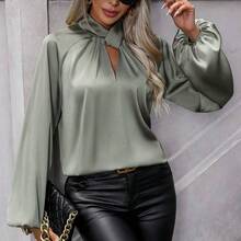 Clasi Camisa casual sólida de manga larga y sencilla con diseño hueco para mujer - Verde militar - Ver 7