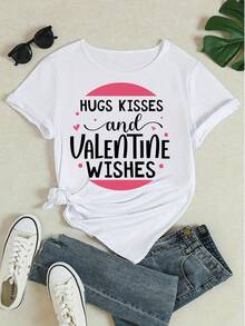 Damen Kurzarm T-Shirt aus reiner Baumwolle mit Valentinstag Umarmungen Küsse Muster, lässig, locker geschnitten, Rundhals Top - Weiss - Übersicht 4