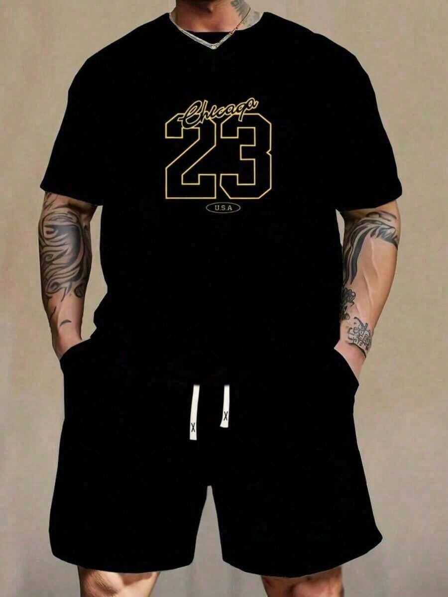 Men's Short-Sleeved T-Shirt, Made Of Printed Cotton, Lightweight And Comfortable For Everyday Casual Wear. This Is Not A Set; The Pants Shown Are For Illustrative Purposes Only. - 黑色 - 查看 1