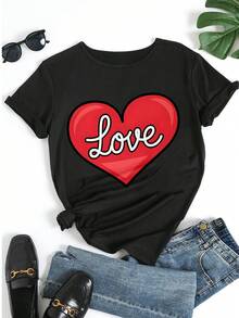 Damen Kurzarm T-Shirt aus reiner Baumwolle, lässiges Rundhals-Top mit Love-Herz-Muster, lockere Passform, Sommeroberteil - Schwarz - Übersicht 5