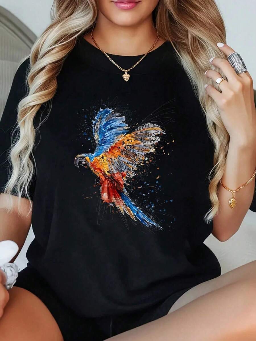 1 Camiseta de Talla Grande para Mujer con Estampado de Acuarela de Loro, Manga Corta, 220g, Diseño Gráfico, 100% Poliéster, Estilo Casual, Cuello Redondo - Negro - Ver 1