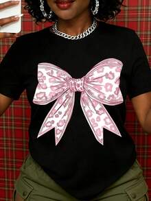 Women's White T-Shirt With Pink Leopard Bow Print, Casual Short Sleeve Top, Fashion Graphic Tee For Daily Wear, Party Wear, Summer Clothes, Gift For Her - 黑色 - 查看 1