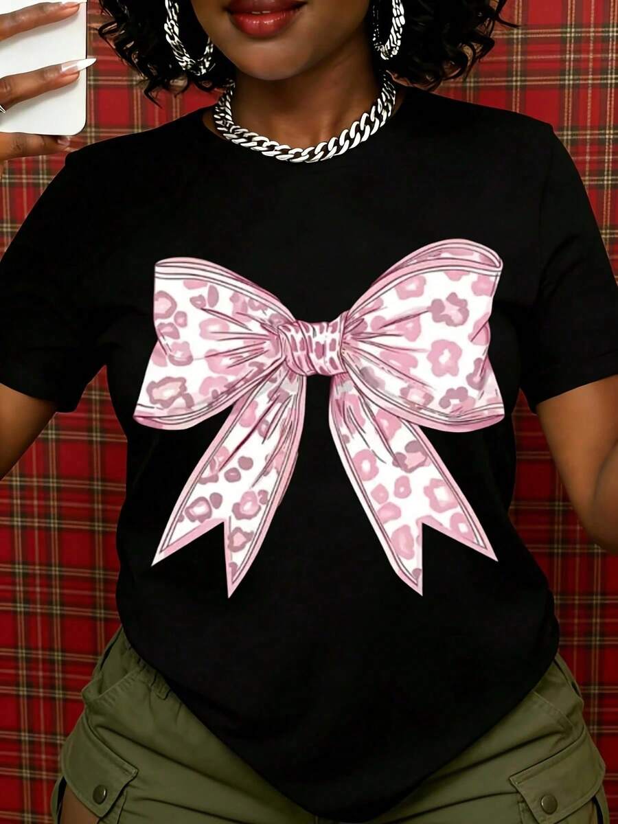 Women's White T-Shirt With Pink Leopard Bow Print, Casual Short Sleeve Top, Fashion Graphic Tee For Daily Wear, Party Wear, Summer Clothes, Gift For Her - 黑色 - 查看 1