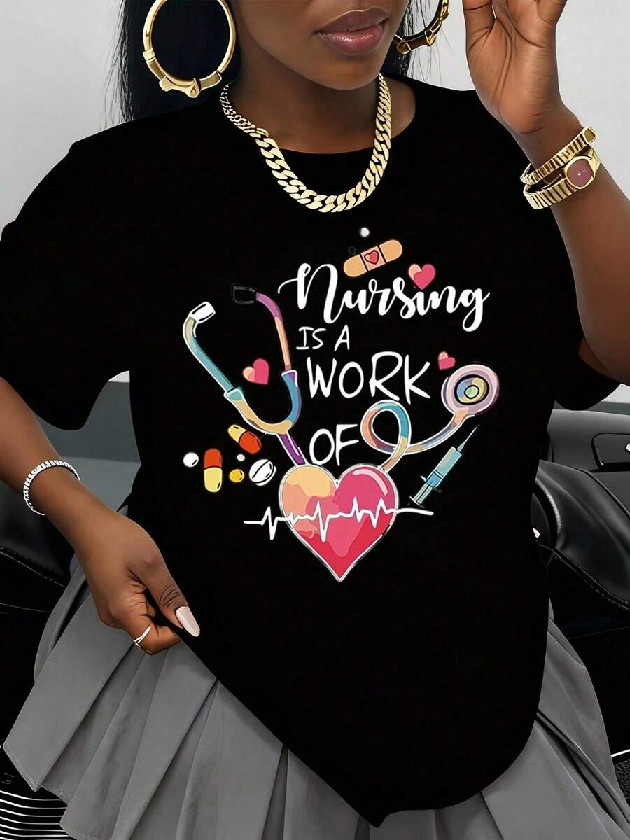 La enfermería es un trabajo de corazón. Camiseta blanca con estampado de estetoscopio y símbolos médicos para enfermeras, trabajadores sanitarios y profesionales médicos. - Negro - Ver 1