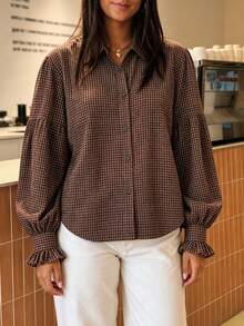 Women's Brown Plaid Button Loose Shirt, Ruffle Cuff Sleeve Blouse, Suitable For Office, Vacation, Daily Wear, Spring, Autumn, Winter - Coffee Brown - View 3