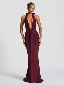 Vestido largo plisado cuello V profundo espalda descubierta ajustado sexy estilo europeo moda verano - Burdeos - Ver 6