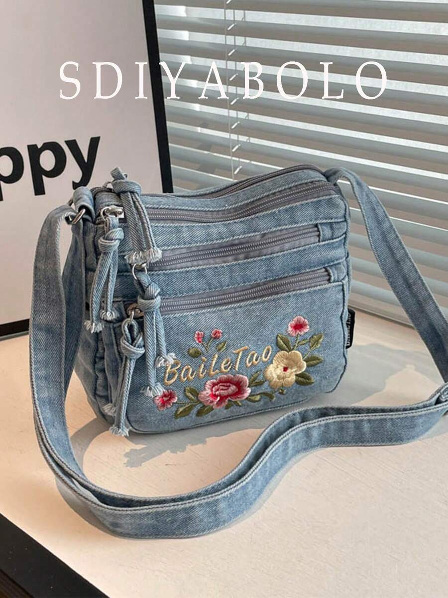 新款時尚花卉刺繡牛仔多口袋斜背包 百搭女款單肩小包 Mon Bag 適合上班、購物、通勤