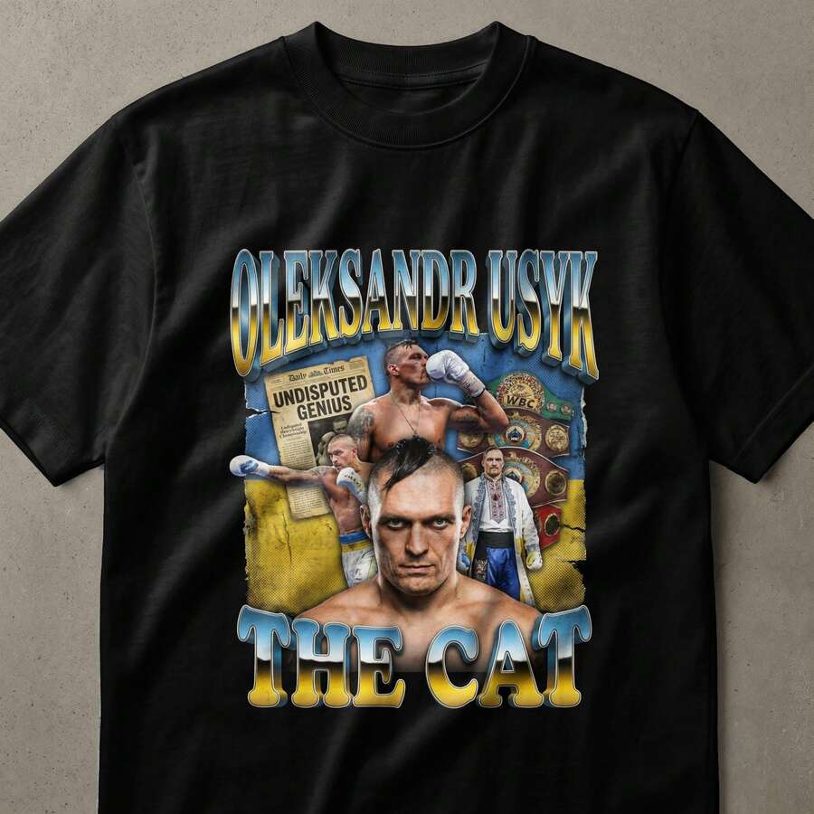 Oleksandr Usyk, diseño de camisetas de cuello con estampado collage de gato, estilo camiseta casual para campeón de boxeo, manga corta, adecuadas para todas las estaciones, tops de verano pa - Negro - Ver 1