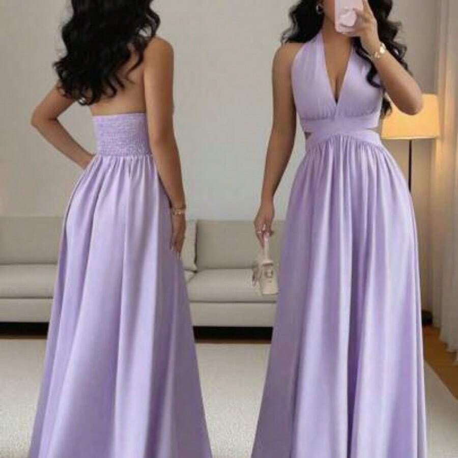 Elegante vestido sin mangas con cuello en V, diseño hueco en la cintura y pliegues, color morado, nueva llegada de primavera/verano - Morado - Ver 1