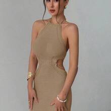 yonghongmaoyi1  Nuevo vestido de playa de ganchillo para vacaciones de verano, vestido romántico con espalda hueca y cordones, diseño de cola de pez - Caqui - Ver 7