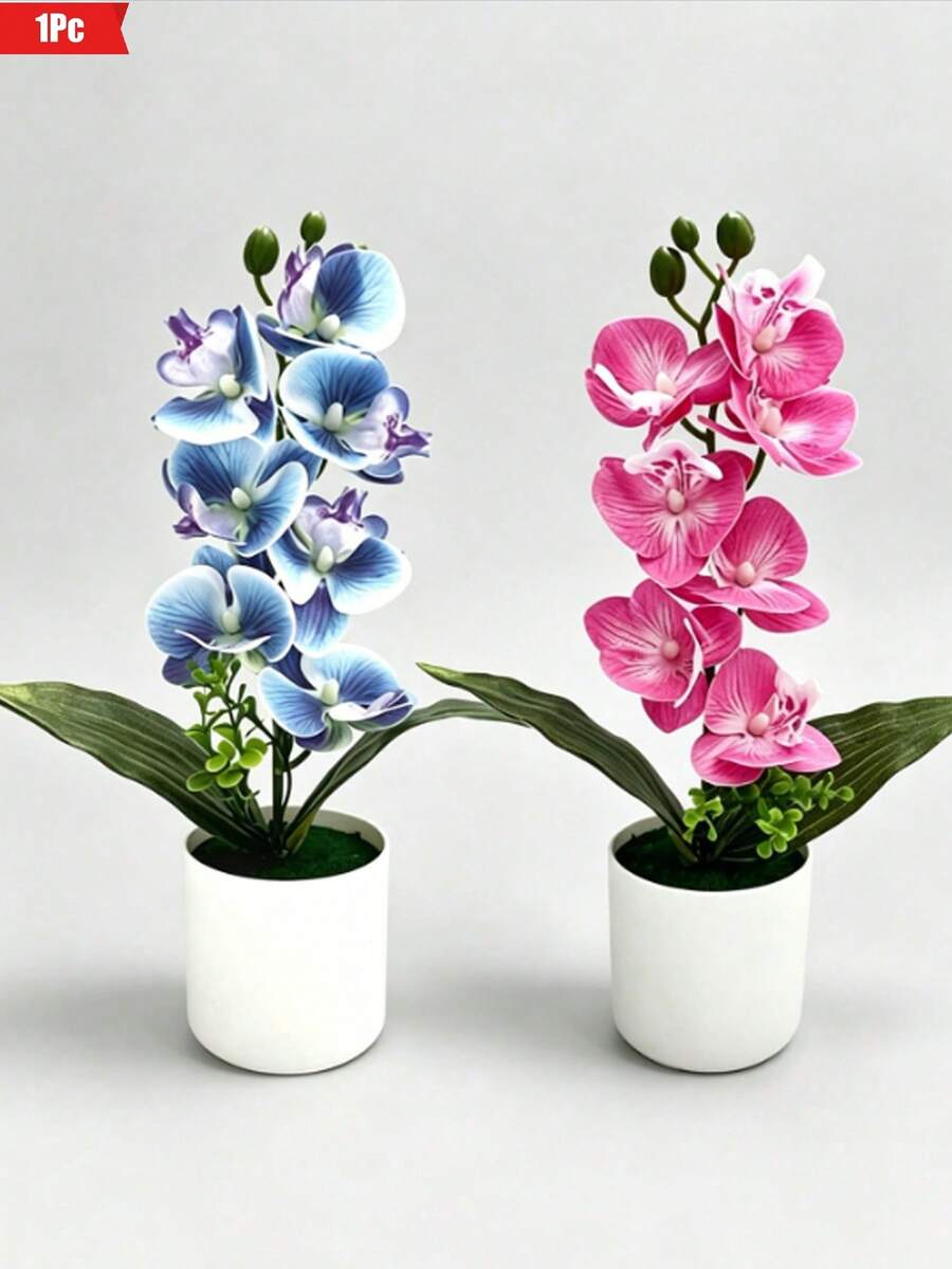 1件裝藍色與粉色蝴蝶蘭人造盆栽花，適用於居家、辦公室、餐廳裝飾、派對、婚禮、浴室裝飾、家居佈置及主題禮品