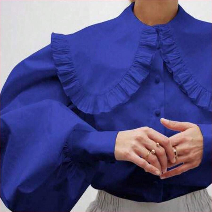 WNS Blusa de manga larga con cuello de volantes de unicolor elegante para mujeres, adecuada para citas, fiestas, negocios, uso casual, Día de San Valentín - azul Klein - Ver 1