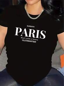 Short-Sleeved T-Shirt With Paris City Print, Casual Women's Clothing, Ideal For Going Out To Dinner Or Relaxing At Home, Lightweight, Comfortable, A Fashionable Everyday Choice. - 黑色 - 查看 1