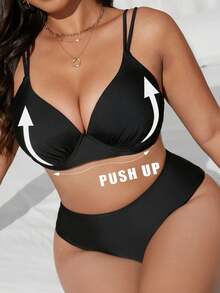 Swim Lushoire Conjunto de bikini con sujetador con aros de talla para mujer, de unicolor, con tirantes ajustables, elegante, de moda, y casual para playa - Negro - Ver 1