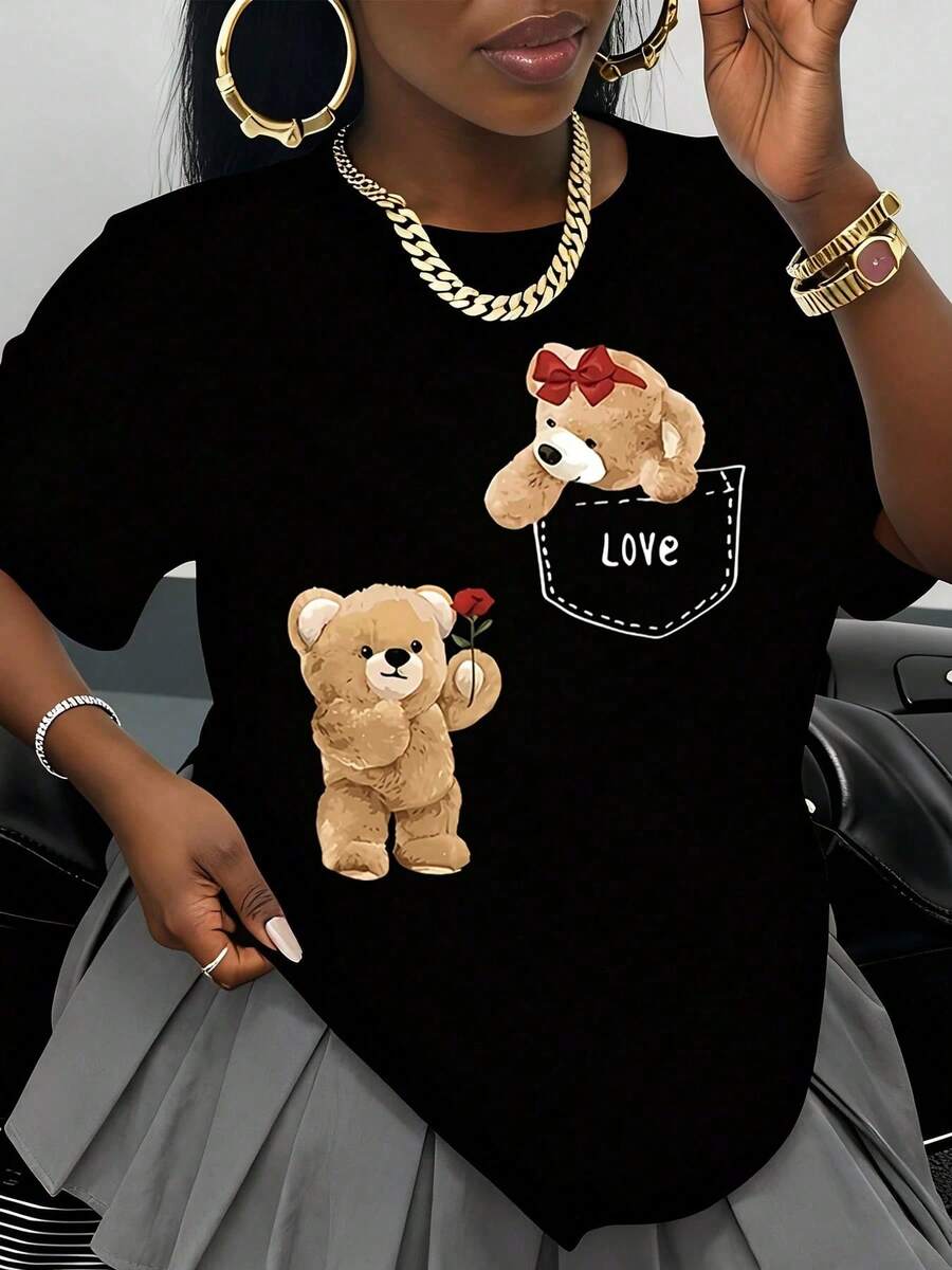 Camiseta Blanca con Diseño de Osito de Peluche para Mujer, Regalo Casual para el Día de San Valentín - Negro - Ver 1